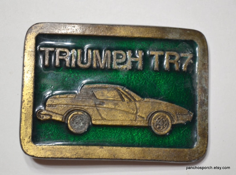 Vintage TRIUMPH TR7 Belt Buckle Metal Enamel Sports Car Enthusiast Gift Green Gold Mens Accessory Country Western PanchosPorch image 1