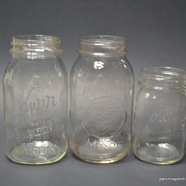 Vintage Clear Mason Jar Set of 3 Quart Pint Canning Jars Kerr Self Sealing Golden Harvest Kitchen Storage Craft Supplies PanchosPorch