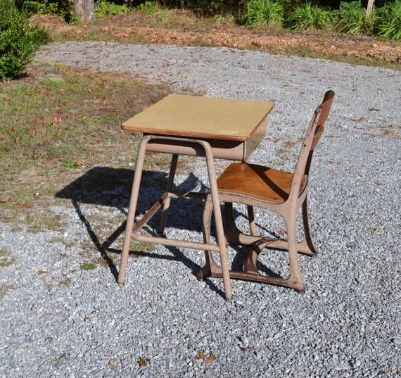 Vintage School Desk And Chair Child Size Metal And Wood Kids Etsy