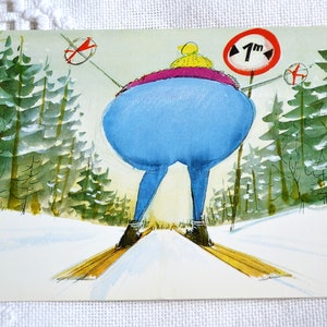 Carte postale de ski vintage, skieur, panneaux de signalisation, Suisse, carte postale, souvenirs de vacances, papier éphémère, PanchosPorch