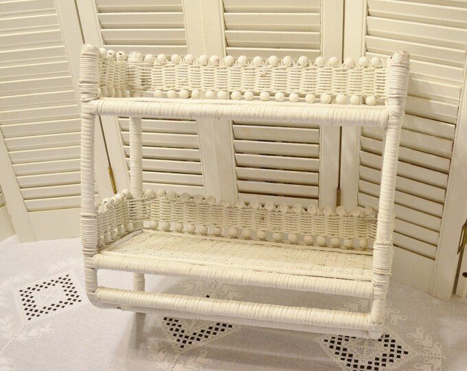 Vintage White Wicker Shelf Unit Towel Rack Two Shelves Etsy