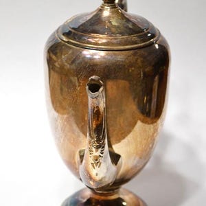 Pu&ograve; includere: Una caffettiera in argento placcato con un manico decorativo e un coperchio con un pomo. La caffettiera ha un corpo rotondo e una base svasata.
