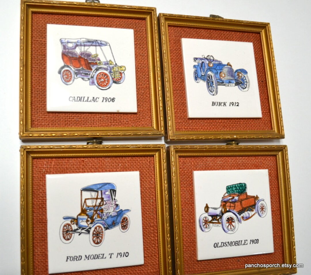Vintage Antique Car Ceramic Tile Set of 4 Framed Wall Decor - Etsy