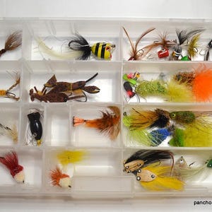 Vintage Fly Fishing Lures with Storage Box 25 Various Flies Freshwater Trout Fishing Bait Tackle Gear Lake House Decor PanchosPorch