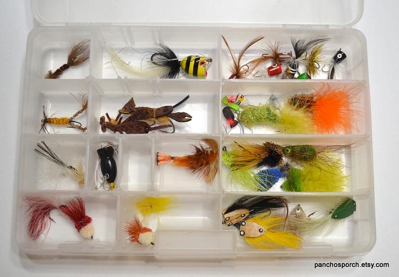 Vintage Fly Fishing Lures with Storage Box 25 Various Flies Freshwater Trout Fishing Bait Tackle Gear Lake House Decor PanchosPorch