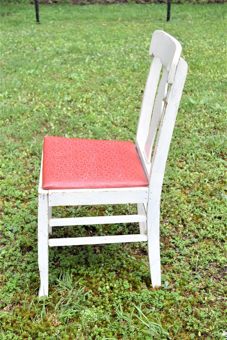 Vintage White Wooden Chair Red Vinyl Seat Chippy Painted | Etsy