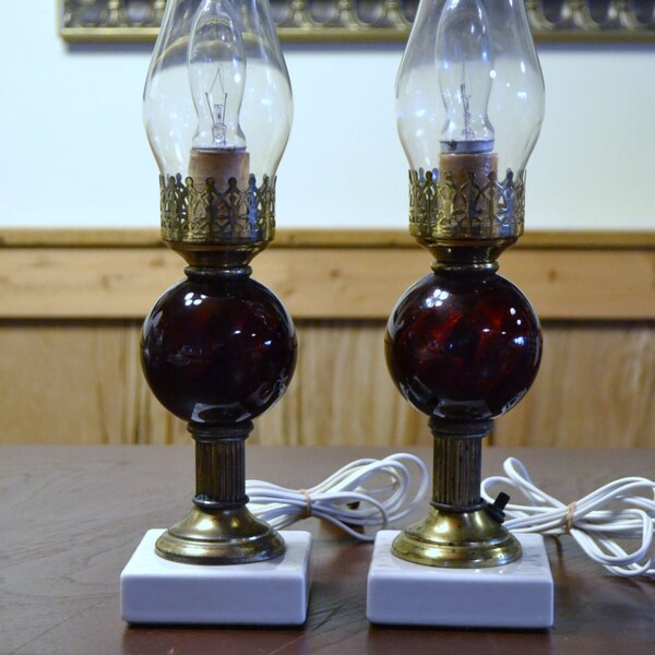 Vintage Pair Table Bedside Lamps Ruby Red Glass White Brass Boudoir PanchosPorch