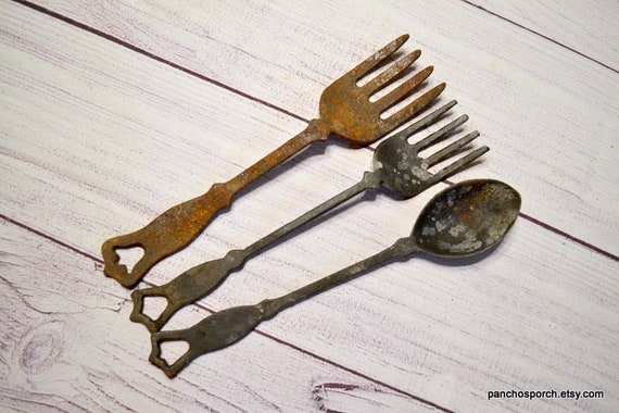 Vintage Cast Iron Cooking Utensils Rustic Rusty Metal Wall Display