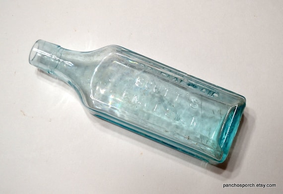 Vintage SCOTTS Emulsion Bottle: Aqua Blue Cod Liver Oil Pharmacy Jar