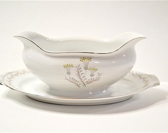 Vintage Narumi Lenora Gravy Boat: Floral Pattern, Silver Rim, Mid Century Japan