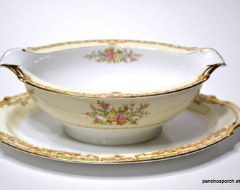 Vintage Noritake Nanarosa Gravy Boat Floral Cream Band Gold Rim 1940s Dinnerware Morimura Japan Wedding Pattern 682  PanchosPorch