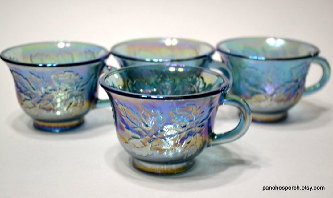 Vintage Blue CARNIVAL Glass Punch Cup Set of 4 Harvest Grape Pattern