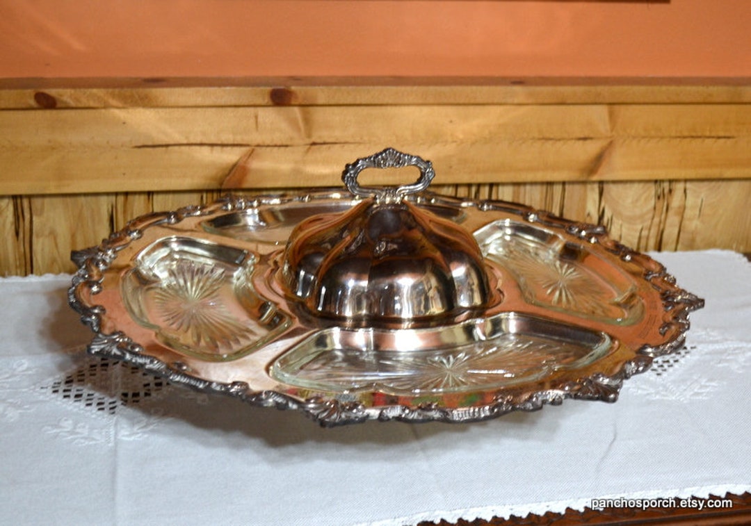 Vintage LAZY SUSAN Tray Silver Plate Glass Inserts Elegant Serving Engraved Award Trophy 1965