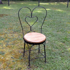 Vintage Ice Cream Parlor Chair: Black Wrought Iron Heart Back, Wooden Seat