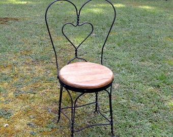 Vintage Ice Cream Parlor Chair: Black Wrought Iron Heart Back, Wooden Seat