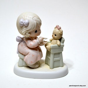 Vintage Precious Moments Figurine: Girl Feeding Teddy Bear, 1994 Enesco