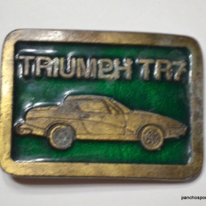 Vintage TRIUMPH TR7 Belt Buckle Metal Enamel Sports Car Enthusiast Gift Green Gold Mens Accessory Country Western PanchosPorch image 2