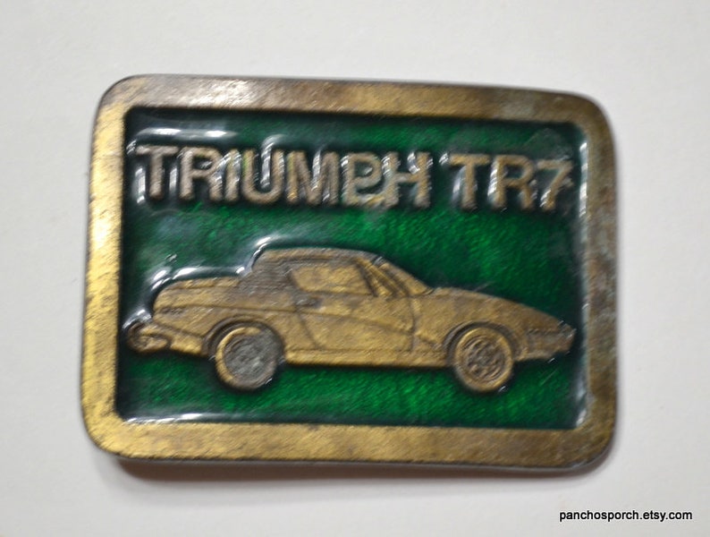 Vintage TRIUMPH TR7 Belt Buckle Metal Enamel Sports Car Enthusiast Gift Green Gold Mens Accessory Country Western PanchosPorch image 2