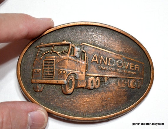 Vintage ANDOVER Tractor Trailer School Belt Buckle Copper