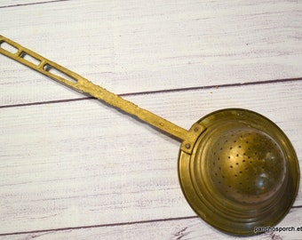 Vintage Brass Ladle Strainer Long Handled Skimmer Scoop Kitchen Gadget Wall Decor PanchosPorch