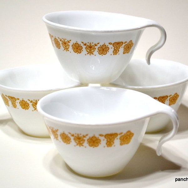 Vintage Corelle Butterfly Gold Cup Set of 4 Hook Handle Coffee Tea Cup Gold White Floral Corning Ware Stacking Space Saver PanchosPorch