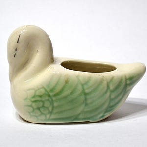 May include: A ceramic duck-shaped planter in cream and green. The duck has a curved neck and a small opening for planting. The body features a green, textured pattern, and the overall design is whimsical and decorative.