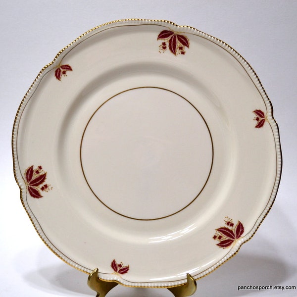 Vintage CASTLETON JUBILEE Dinner Plate Cream Background Red Leaves Gold Trim Pearl Edge 1950s Dinnerware USA Panchosporch