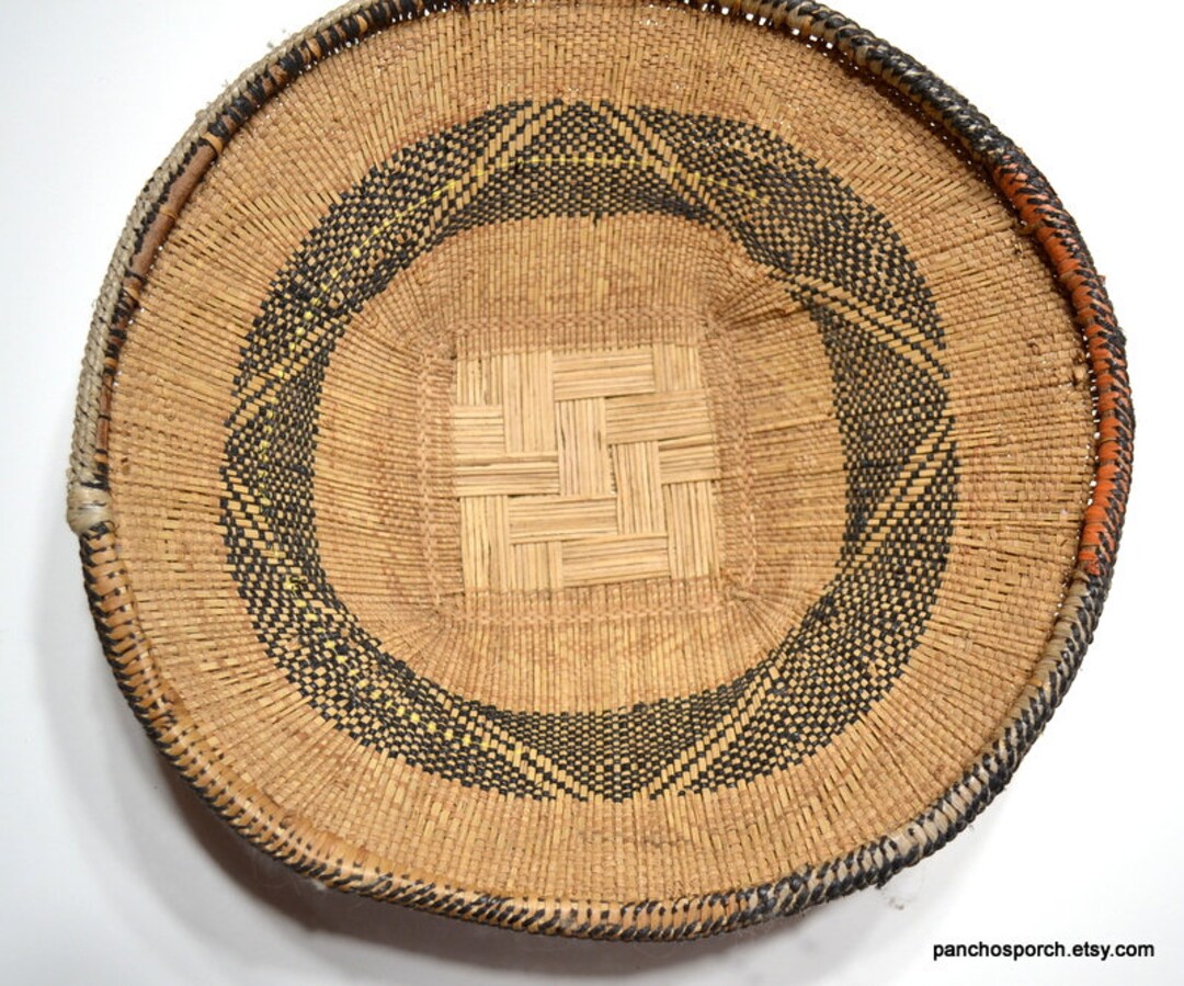 Vintage Binga Woven Basket Round Flat Handmade 14 Inch Basket Geometric