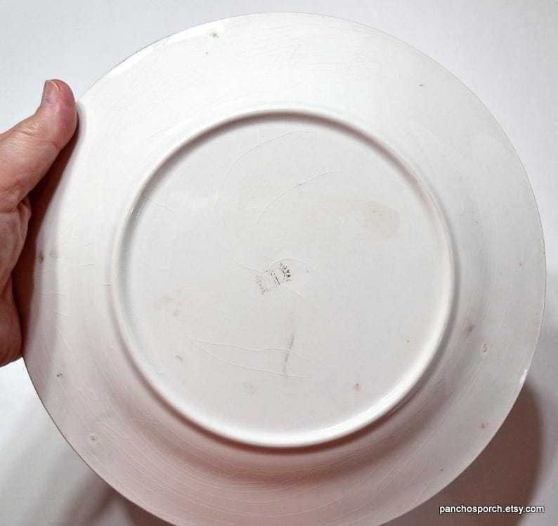 Op de afbeelding: Een witte keramische plaat met een licht getextureerd oppervlak. De plaat heeft een brede rand en een centraal verzonken gebied. Er zijn kleine onvolkomenheden en markeringen op het oppervlak. De plaat wordt door een hand vastgehouden.
