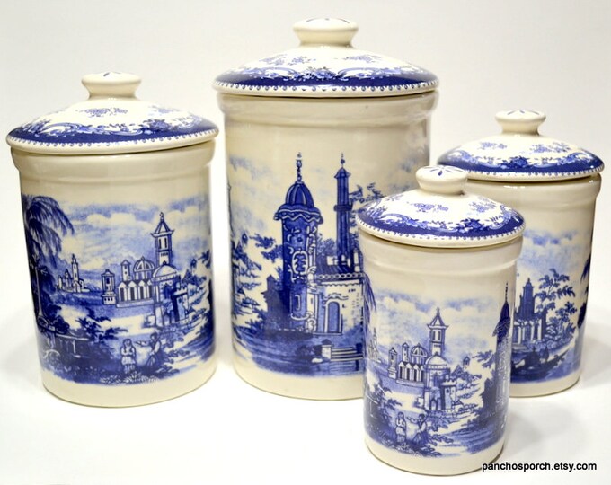 Vintage Blue and White Canister Set of 4 With Lids Chinoiserie Kitchen