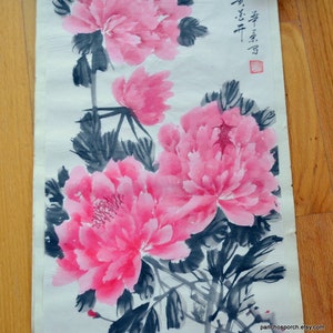 Vintage Asian Pink Peonies Watercolor Painting on Rice Paper, Signed