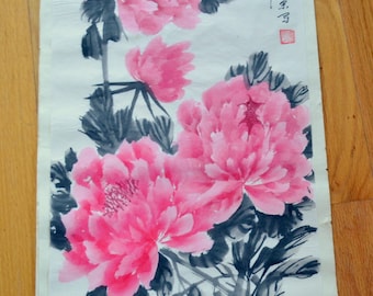 Vintage Asian Rice Paper Watercolor Painting Pink Peonies Original Signed 27 x 13 Nature Theme Ready to Frame Wall Decor Panchosporch