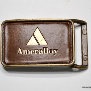 Vintage Ameralloy Belt Buckle Brass Tone Metal Leather Insert Steel Company Advertising Mens Accessory PanchosPorch