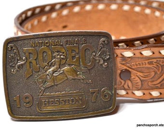 Vintage HESSTON NFR Rodeo Belt Buckle & Tooled Leather Belt - 1976