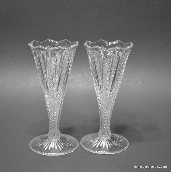 Vintage Pressed Glass Fluted Vase Set of 2 Diamond Pattern Etsy