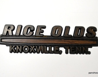 Vintage Rice Olds Car Dealer Emblem Logo Knoxville Tennessee Oldsmobile Plastic Advertising Black Brown Auto Restoration Part PanchosPorch