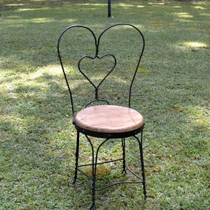 Vintage Ice Cream Parlor Chair: Black Wrought Iron Heart Back, Wooden Seat