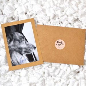 May include: A black and white photograph of a dog with the name "Pancho" in cursive script, set in a gold-colored frame. Beside it is a brown envelope with a pink sticker that says "thank you."