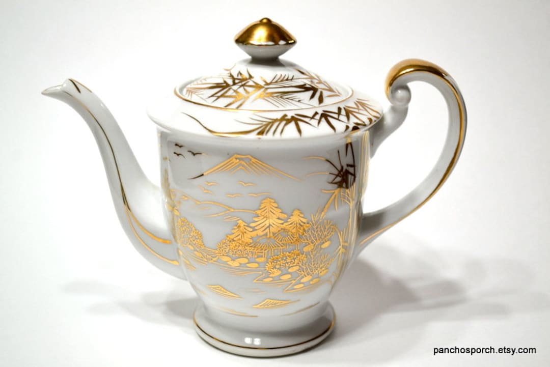 Vintage Satsuma Teapot White Gold Hand Painted Asian Landscape