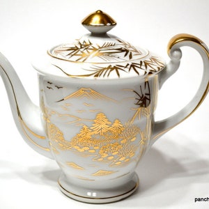 Vintage Satsuma Teapot White Gold Hand Painted Asian Landscape Mountains Bamboo Mid Century Porcelain Teapot Japan PanchosPorch