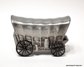 Vintage Banthrico Wagon Coin Bank: Silver Metal Western Decor Prop