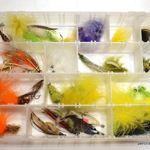 Vintage Fly Fishing Lures with Storage Box 25 Various Flies Freshwater Trout Fishing Bait Tackle Gear Lake House Decor PanchosPorch