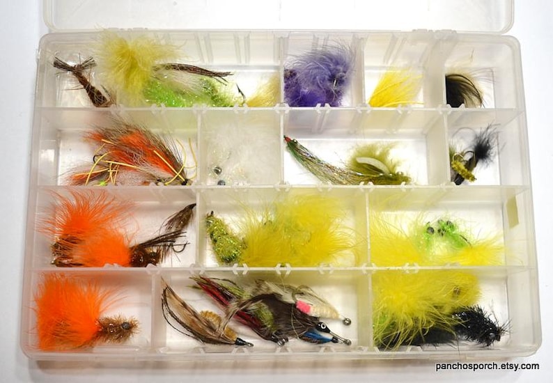 Vintage Fly Fishing Lures with Storage Box 25 Various Flies Freshwater Trout Fishing Bait Tackle Gear Lake House Decor PanchosPorch