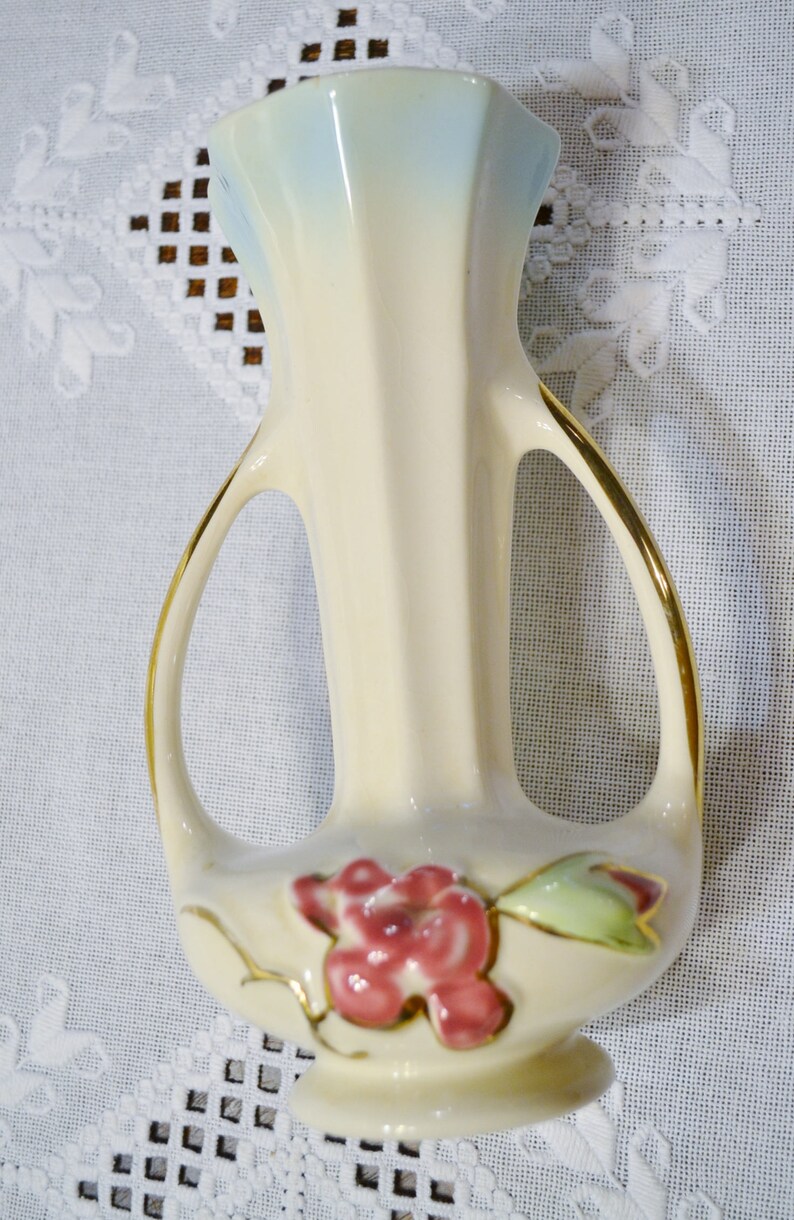 Vintage Ceramic Vase Pink Flowers 22k Gold Details White Fade Etsy