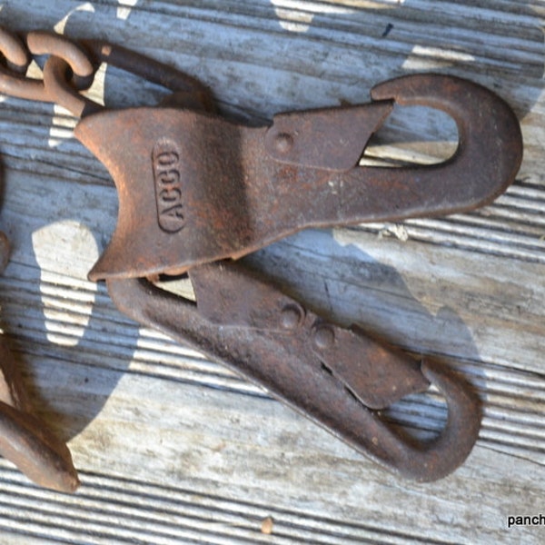 Vintage RUSTY METAL Hook Clip Chain Heavy Duty Industrial Hardware Acco Ajax Salvaged Metal Hanging Hook Farmhouse Barn Find PanchosPorch