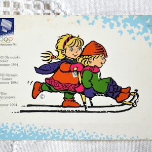 Carte postale des Jeux olympiques de 1994 vintage Jeux d'hiver de Lillehammer Carte postale de neige sur traîneau Souvenirs de vacances Papier éphémère PanchosPorch
