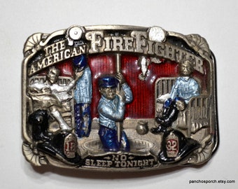 Vintage AMERICAN FIREFIGHTER Belt Buckle No Sleep Tonight 1980s Pewter Enamel Buckle Western Cowboy Mens Accessory PanchosPorch