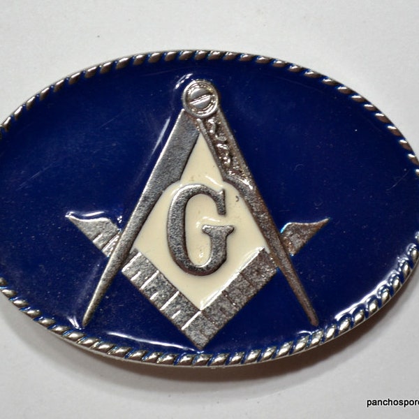 Vintage Mason Belt Buckle 1990s Masonic Freemasons Silver Metal Blue Enamel Mens Accessory PanchosPorch