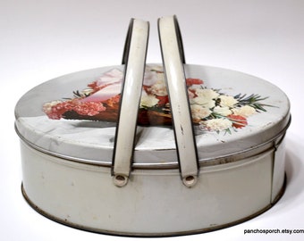 Vintage Floral Tin with Handles Oval Metal Box with Lid Sewing Basket Storage Box Biscuit Cookie Tin Retro Home Decor PanchosPorch
