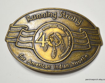 Vintage Running Strong Belt Buckle Billy Mills 10k Commemorative Brass Buckle American Indiana Youth Mens Accessory PanchosPorch
